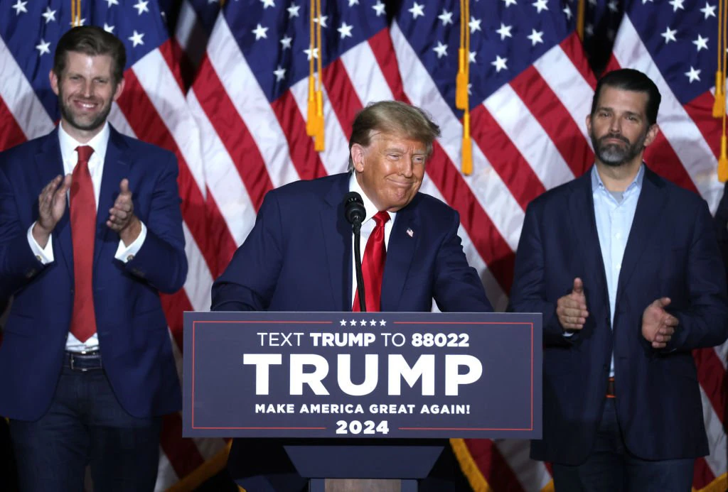 Donald Trump with sons Eric Trump and Donald Trump Jr. Credit: Alex Wong / Getty